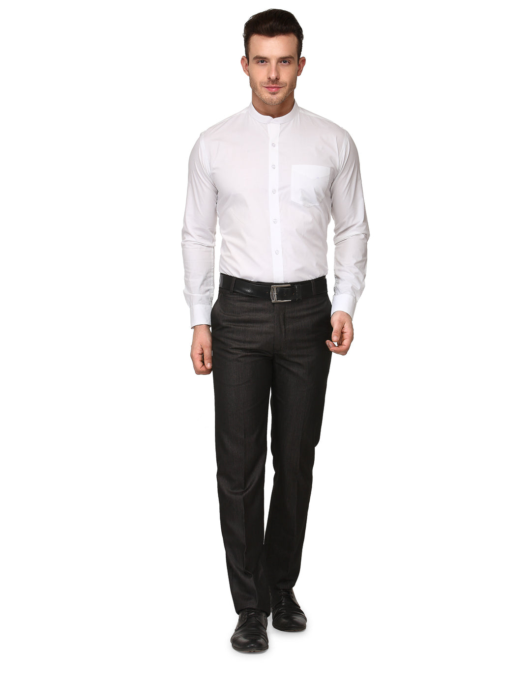 Men White Slim Fit Solid Chinese Collar Pure Cotton Formal Shirt