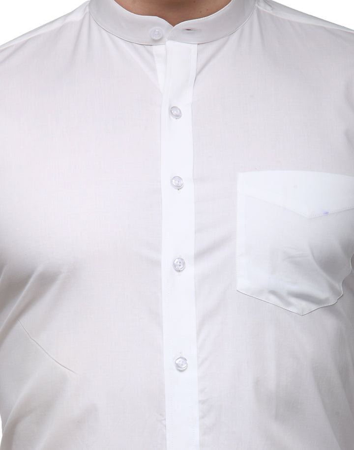 Men White Slim Fit Solid Chinese Collar Pure Cotton Formal Shirt