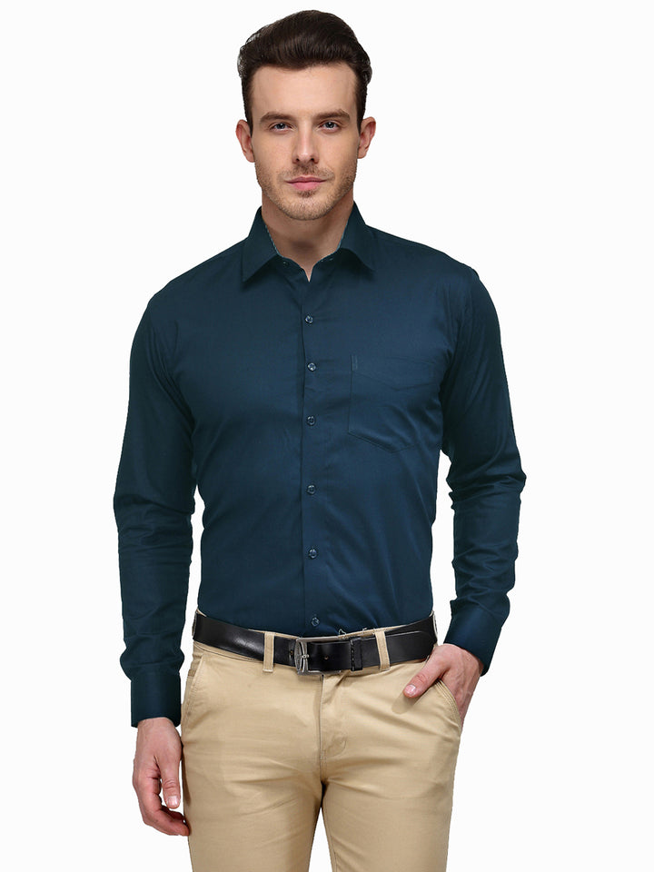 Men Turquoise Blue Solid Slim Fit Pure Cotton Formal Shirt