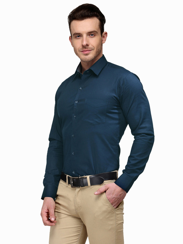 Men Turquoise Blue Solid Slim Fit Pure Cotton Formal Shirt