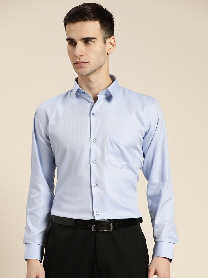 Men Blue Solid Self Design Pure Cotton Slim Fit Formal Shirt