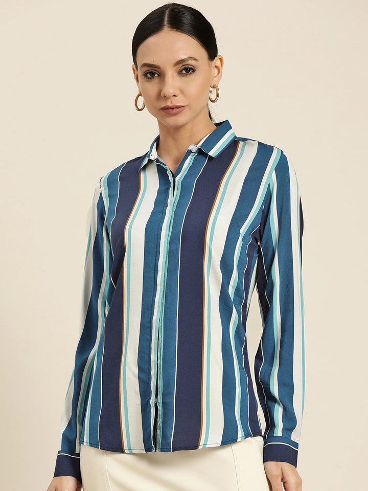 Women White & Blue Stripes Viscose Rayon Slim Fit Formal Shirt