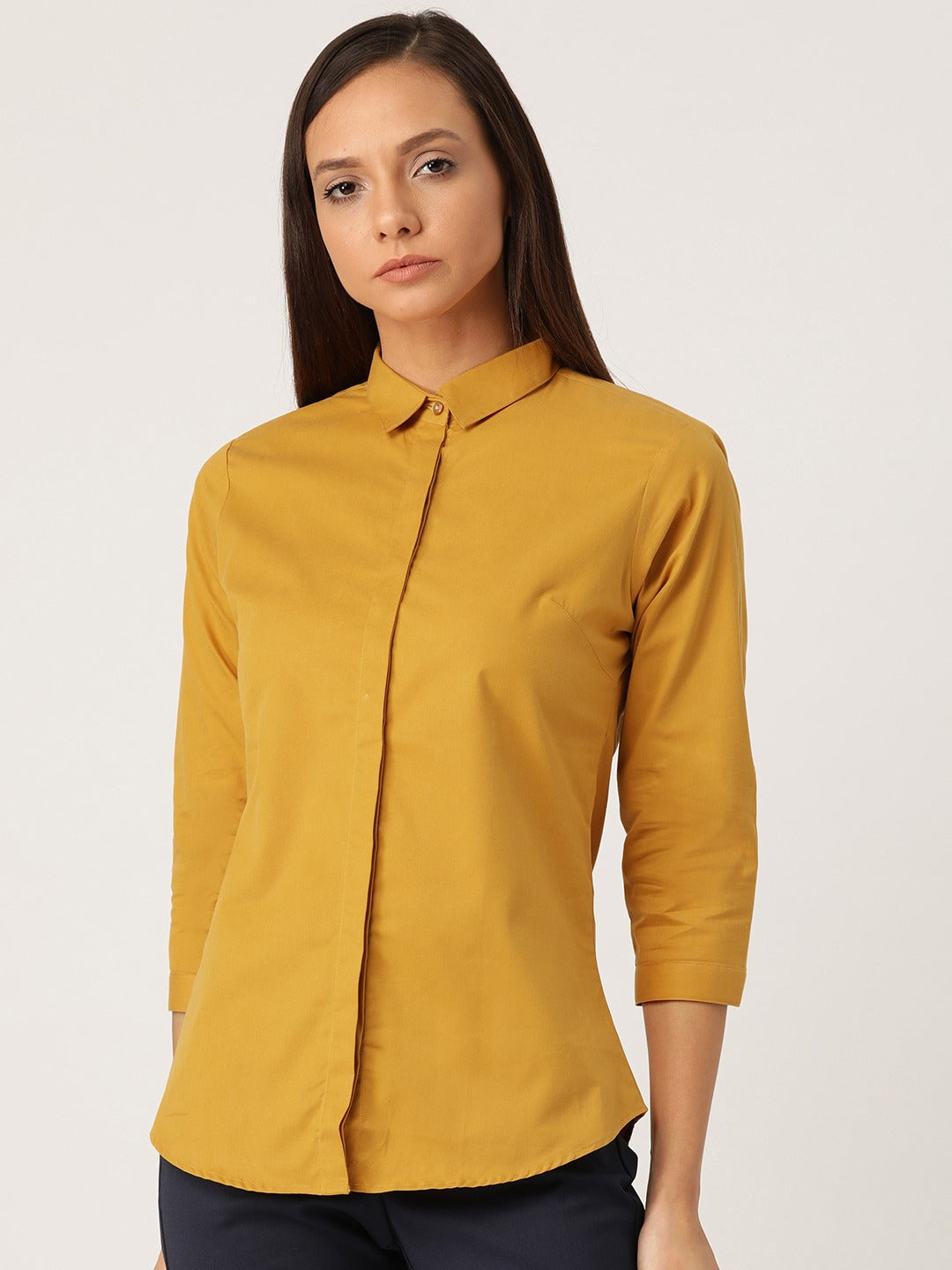Women Mustard Solids Pure Cotton Slim Fit Formal Shirt