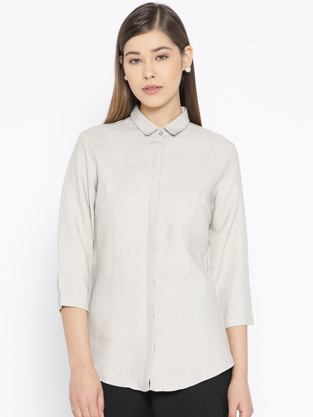 Women Beige Pure Cotton Solid Slim Fit Formal Shirt