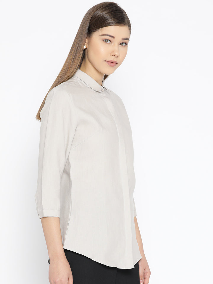 Women Beige Pure Cotton Solid Slim Fit Formal Shirt