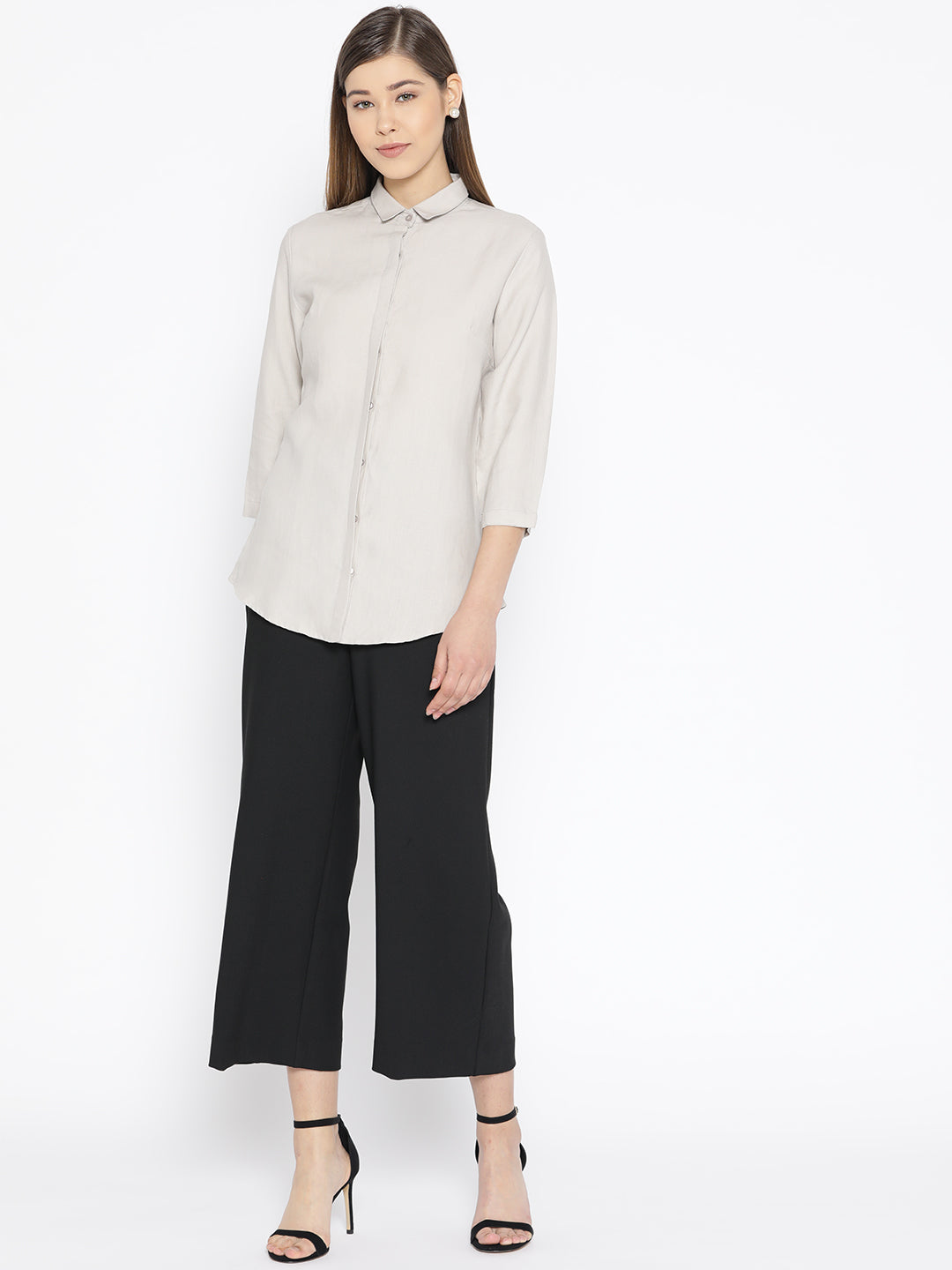 Women Beige Pure Cotton Solid Slim Fit Formal Shirt