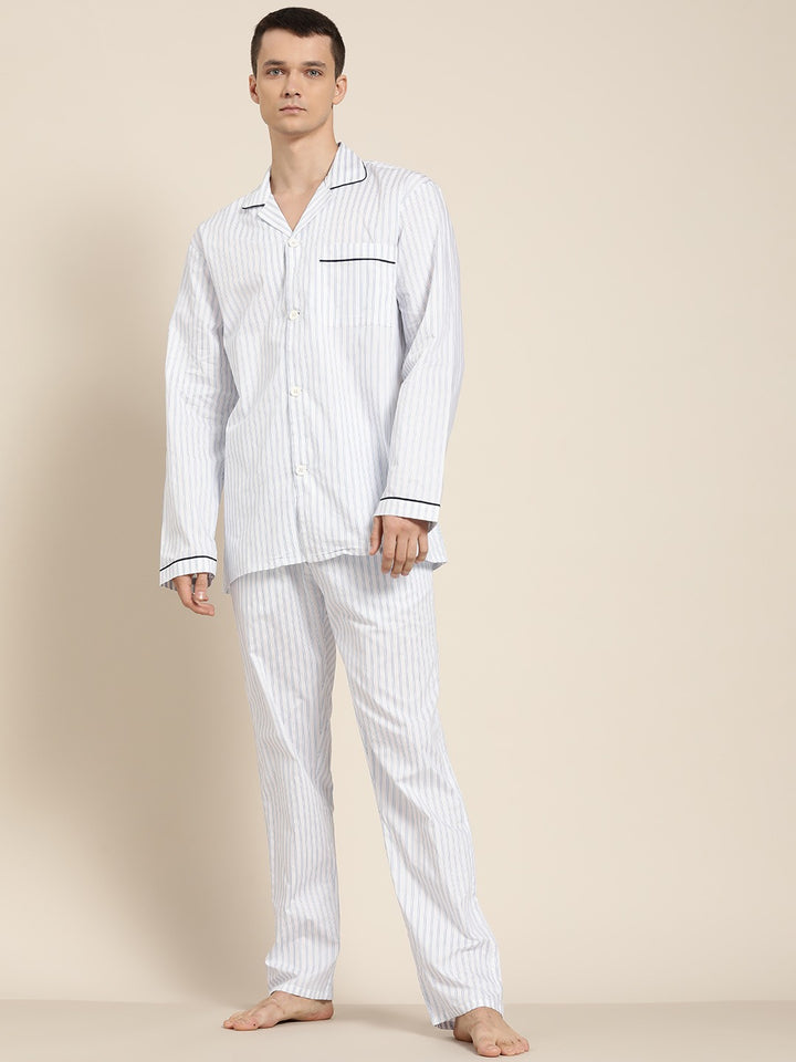Men White Stripes Pure Cotton Regular Fit Night Wear Night Suit
