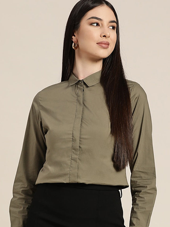 Women New Olive Solids Pure Cotton Slim Fit Formal Shirt