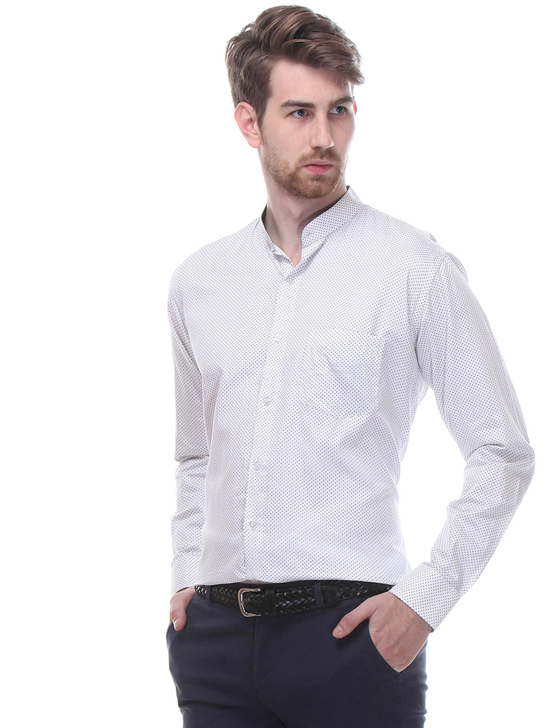 Men White and Black Slim Fit Print Satin Pure Cotton Formal Shirt