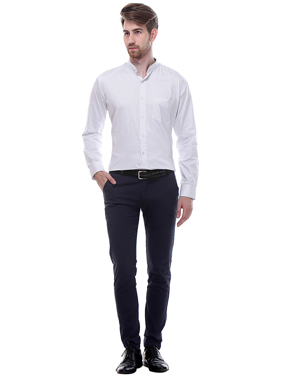 Men White and Black Slim Fit Print Satin Pure Cotton Formal Shirt