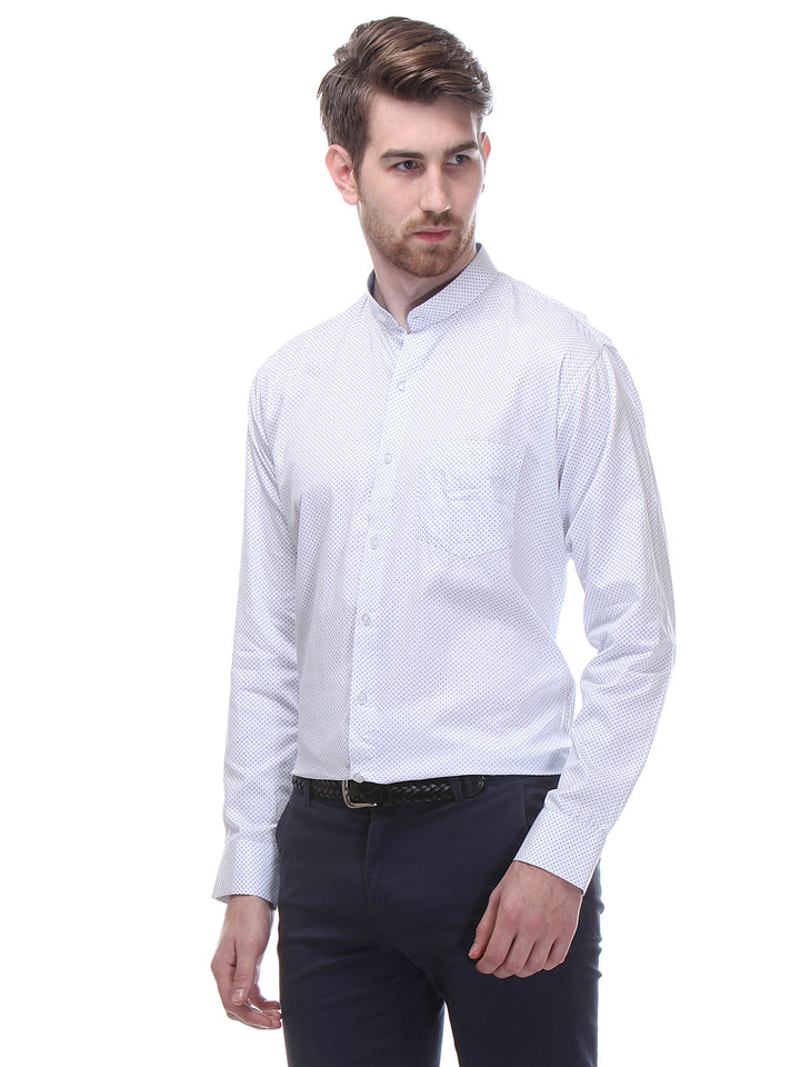 Men White and Blue Slim Fit Print Satin Pure Cotton Formal Shirt