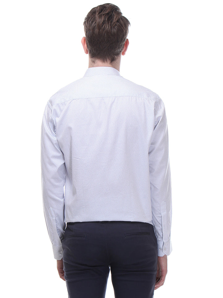 Men White and Blue Slim Fit Print Satin Pure Cotton Formal Shirt