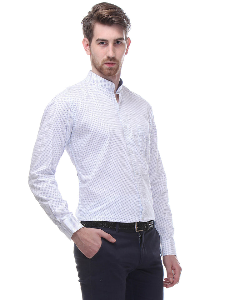Men White and Blue Slim Fit Print Satin Pure Cotton Formal Shirt