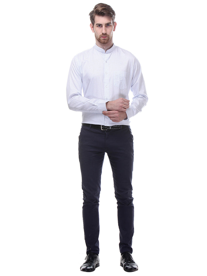 Men White and Blue Slim Fit Print Satin Pure Cotton Formal Shirt