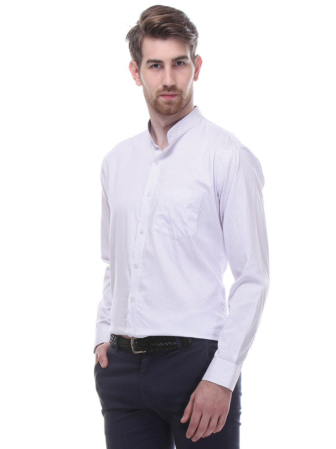 Men White and Purple Slim Fit Print Satin Pure Cotton Formal Shirt