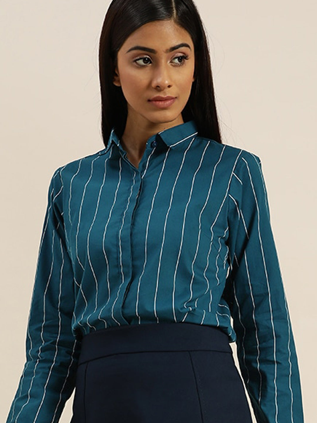 Women Turquoise Blue Striped Pure Cotton Slim Fit Formal Shirt