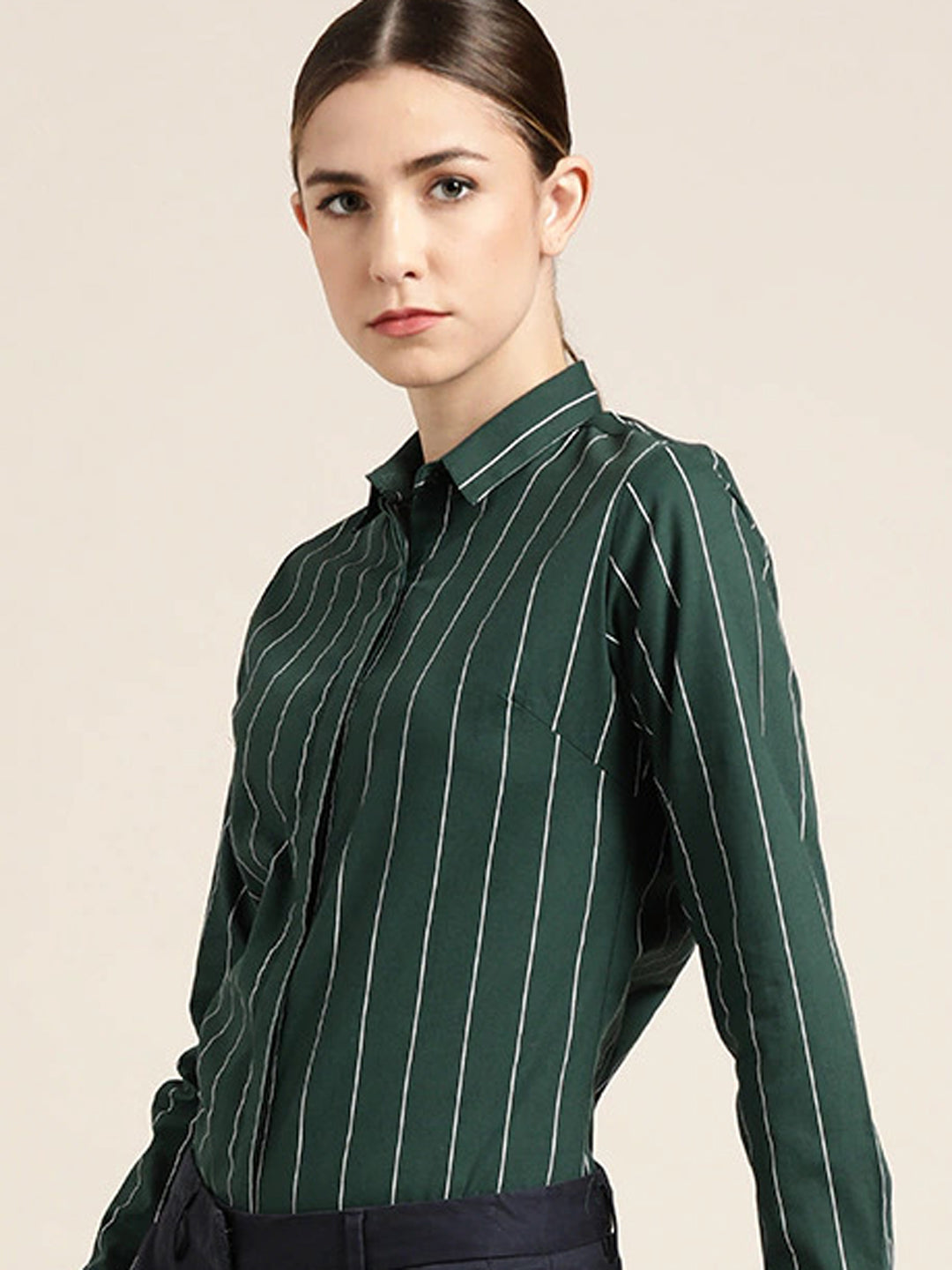 Women Bottle Green Striped Pure Cotton Slim Fit Formal Shirt