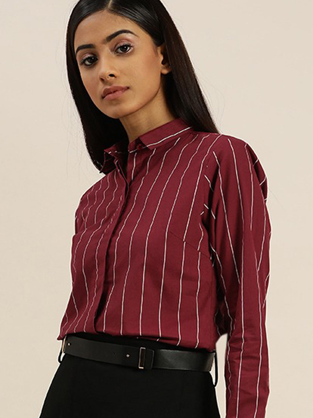 Women Maroon Striped Pure Cotton Slim Fit Formal Shirt