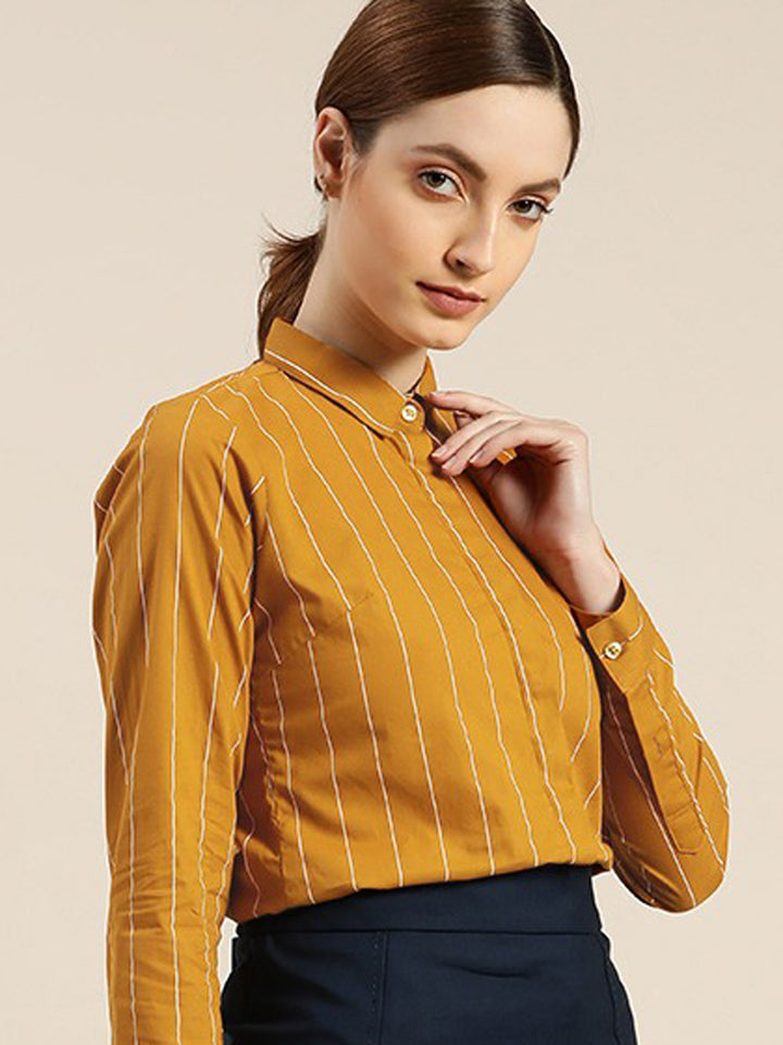 Women Mustard Striped Pure Cotton Slim Fit Formal Shirt