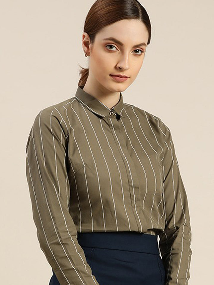 Women Olive Striped Pure Cotton Slim Fit Formal Shirt