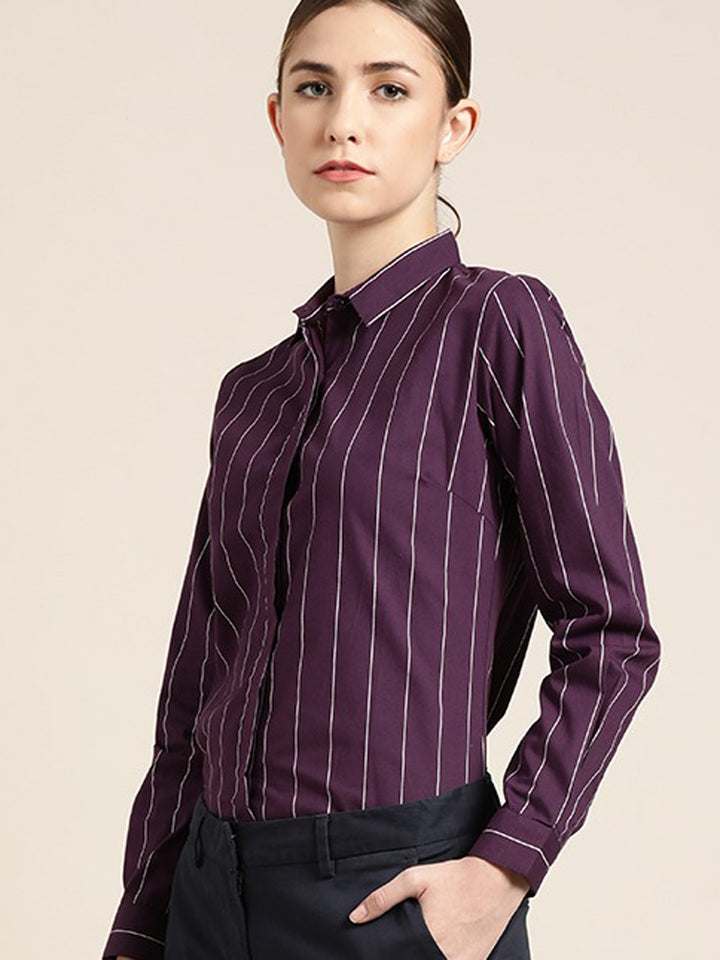 Women Wine Striped Pure Cotton Slim Fit Formal Shirt