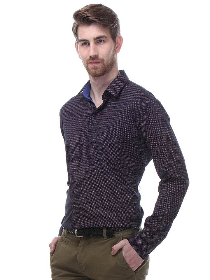 Men Navy and Red Slim Fit Print Pure Cotton Formal Shirt