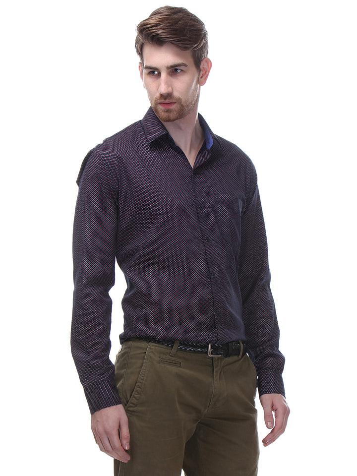Men Navy and Red Slim Fit Print Pure Cotton Formal Shirt