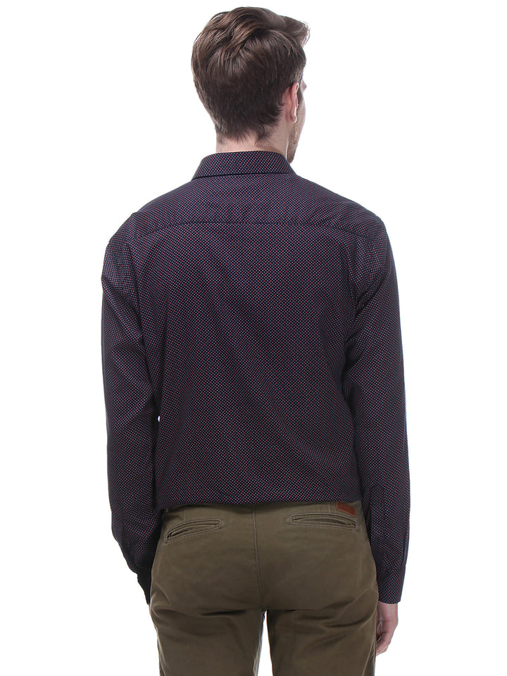 Men Navy and Red Slim Fit Print Pure Cotton Formal Shirt