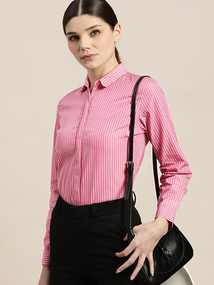 Women Pink Striped Pure Cotton Slim Fit Formal Shirt