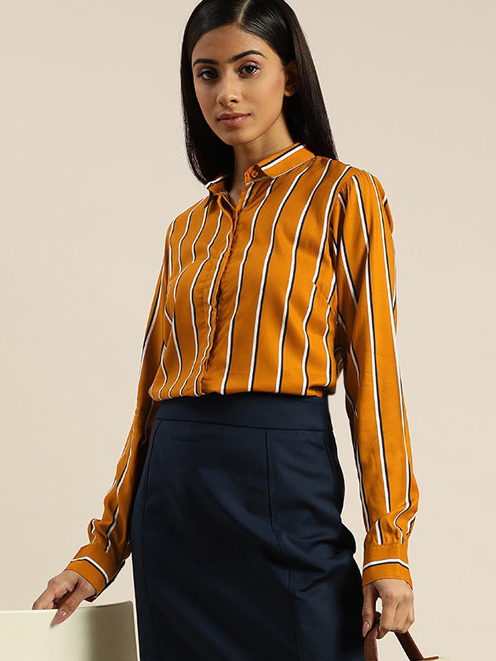 Women Mustard Striped Viscose Rayon Slim Fit Formal Shirt