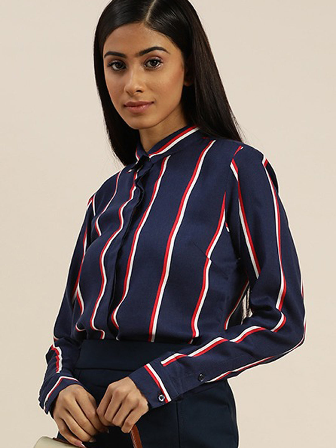 Women Navy & Red Striped Viscose Rayon Slim Fit Formal Shirt