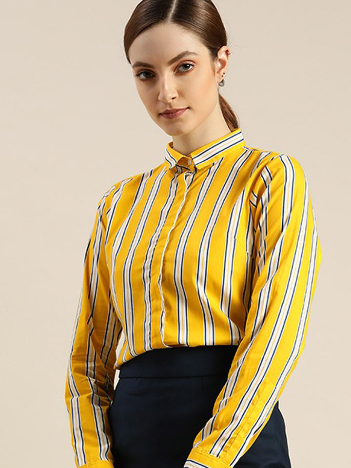 Women Yellow Striped Pure Cotton Slim Fit Formal Shirt