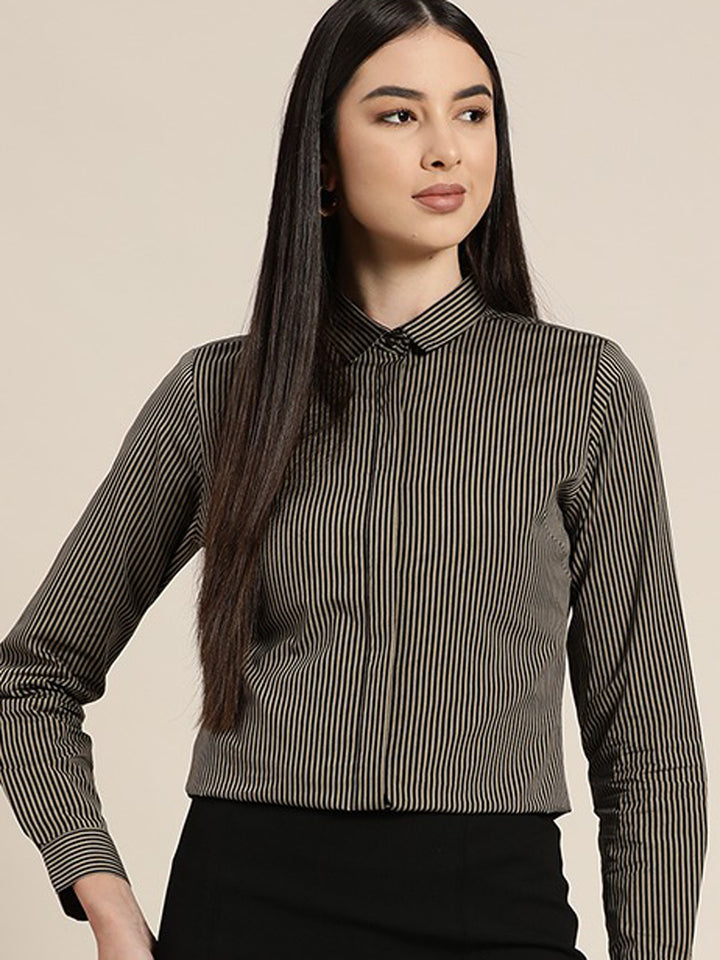 Women Black & Brown Striped Pure Cotton Slim Fit Formal Shirt