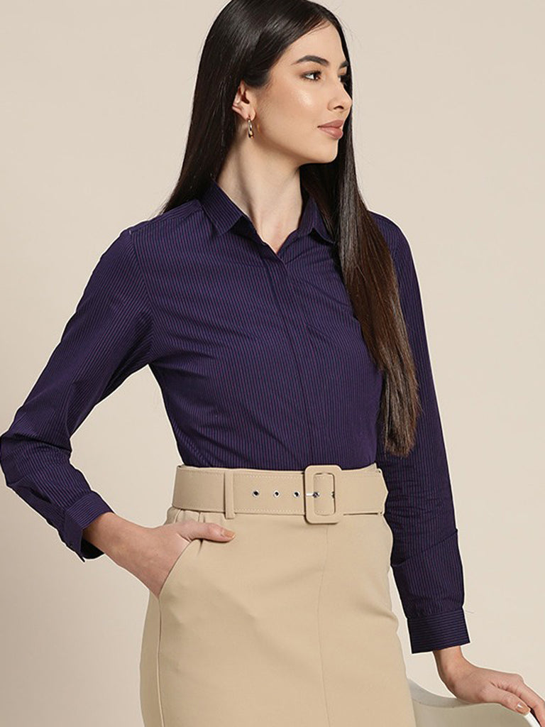 Buy Women Navy Blue  OffWhite Slim Fit Self Design Cigarette Trousers  online  Looksgudin