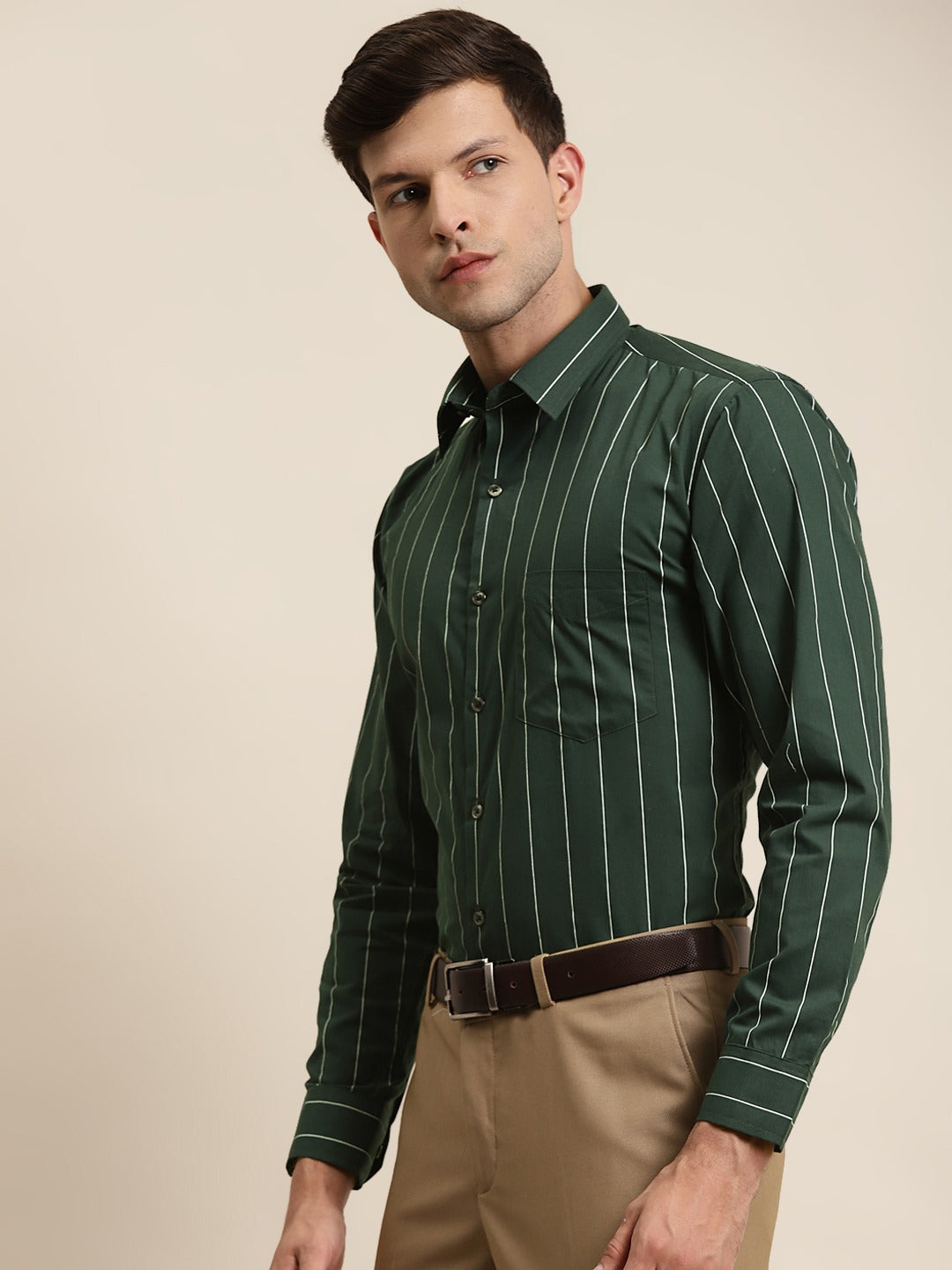 Men Bottle Green Stripes Pure Cotton Slim Fit Formal Shirt