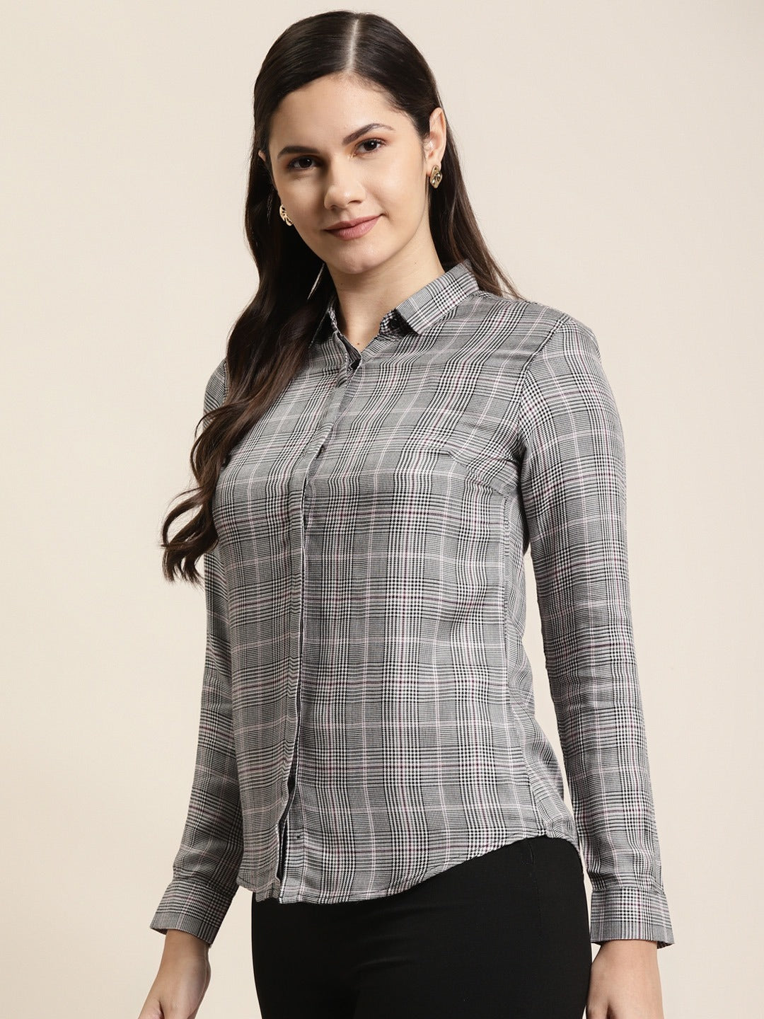 Women Grey Checks Viscose Rayon Slim Fit Formal Shirt