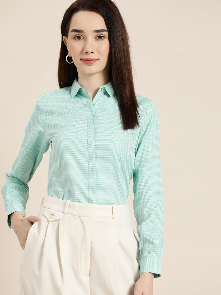 Women Turquoise Solids Cotton Rich Slim Fit Formal Shirt