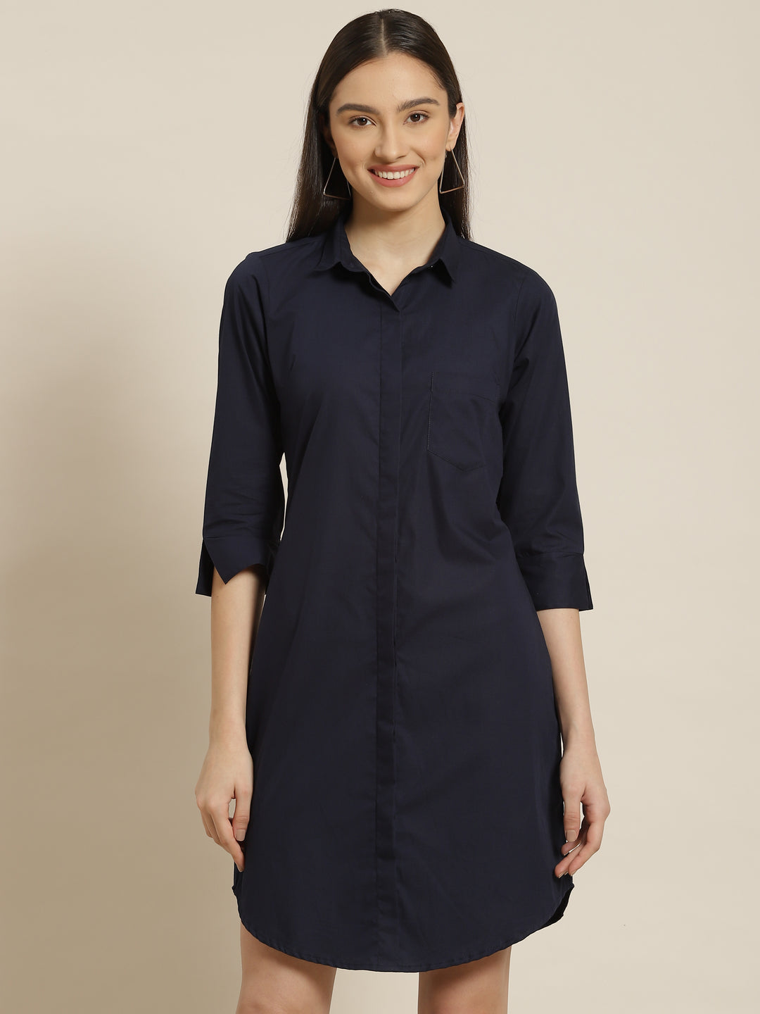 Women Navy Solid Pure Cotton Regular Fit Formal Dress