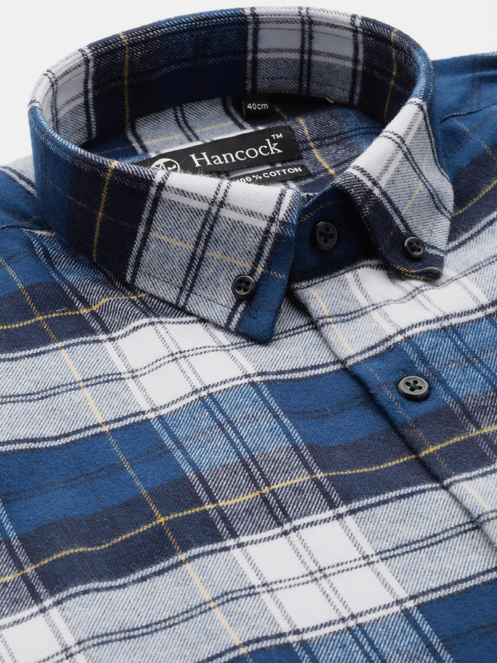 Men Navy & White Checks Pure Cotton Slim Fit Formal Shirt