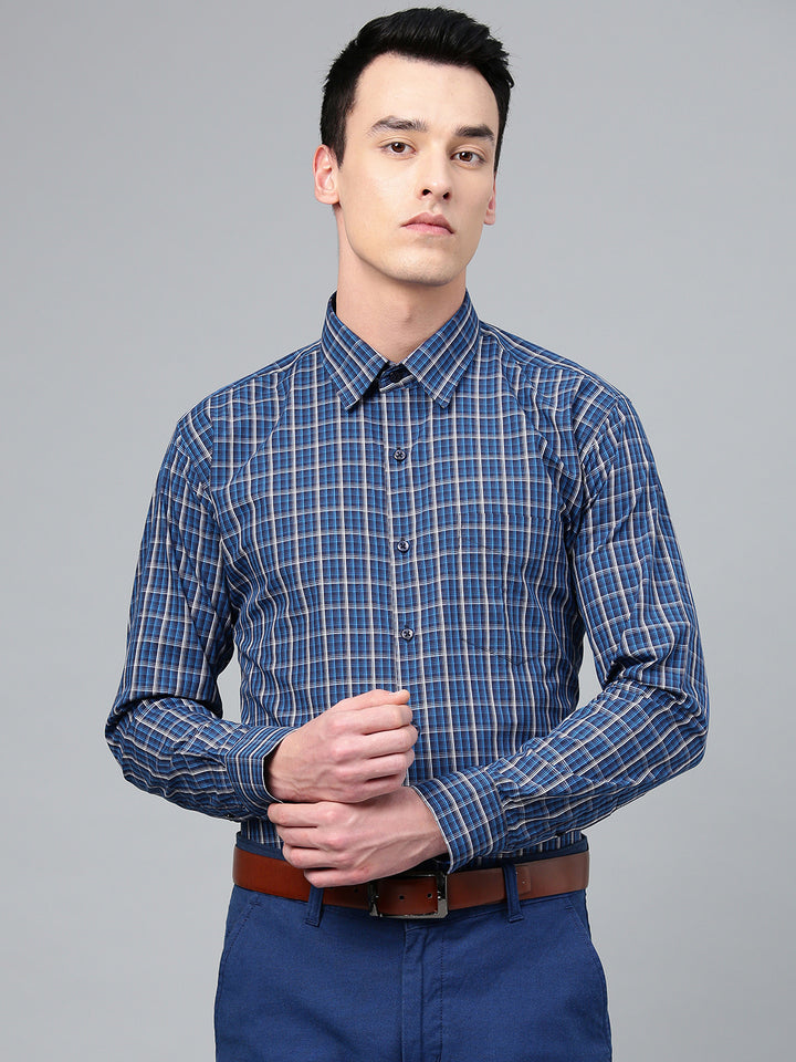 Men Navy & Blue Pure Cotton Checked Slim Fit Formal Shirt