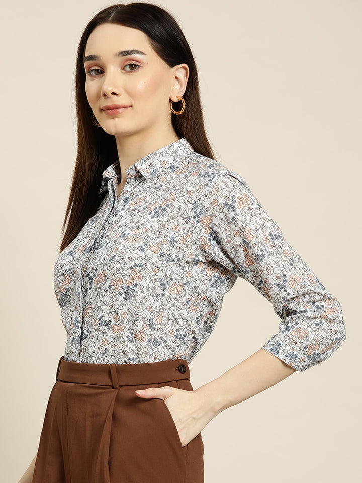 Women Grey Prints Pure Cotton Slim Fit Formal Shirt