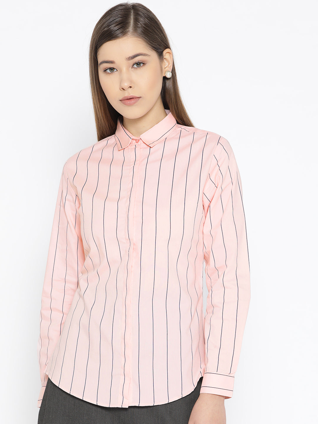 Women Pink Pure Cotton Striped Slim Fit Formal Shirt