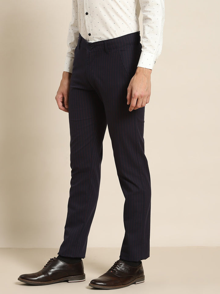 Men Navy Stripes Cotton Elastene Slim Fit Formal Trouser