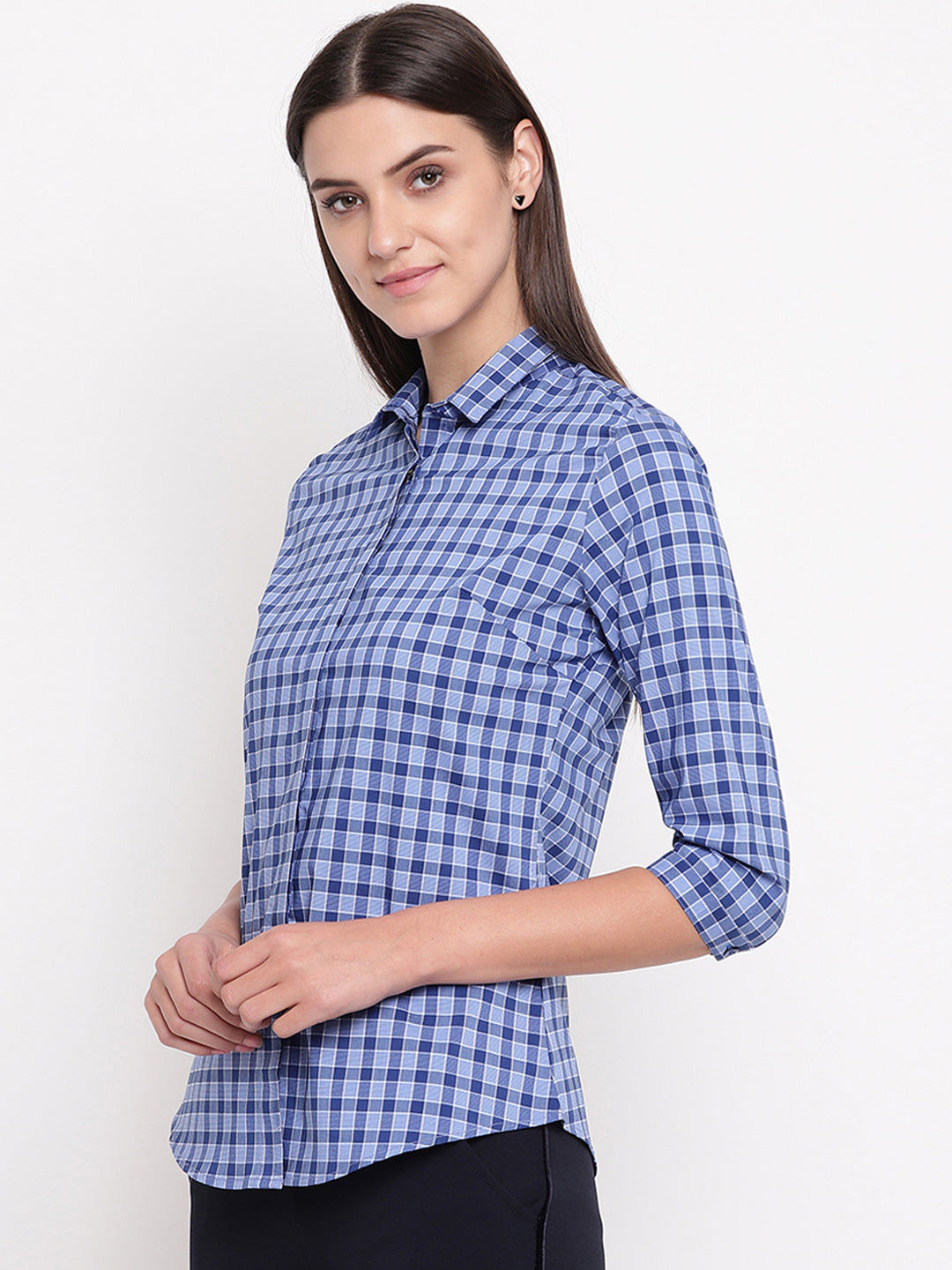Women Blue & Navy Pure Cotton Checked Slim Fit Formal Shirt