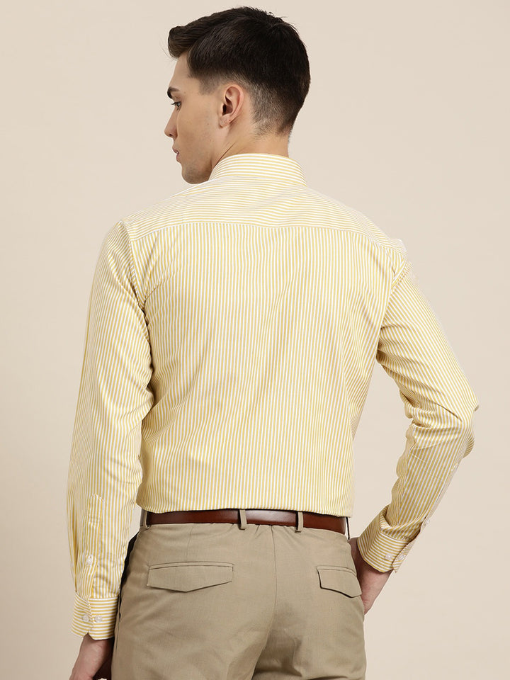 Men White & Yellow Stripes Pure Cotton Slim Fit Formal Shirt