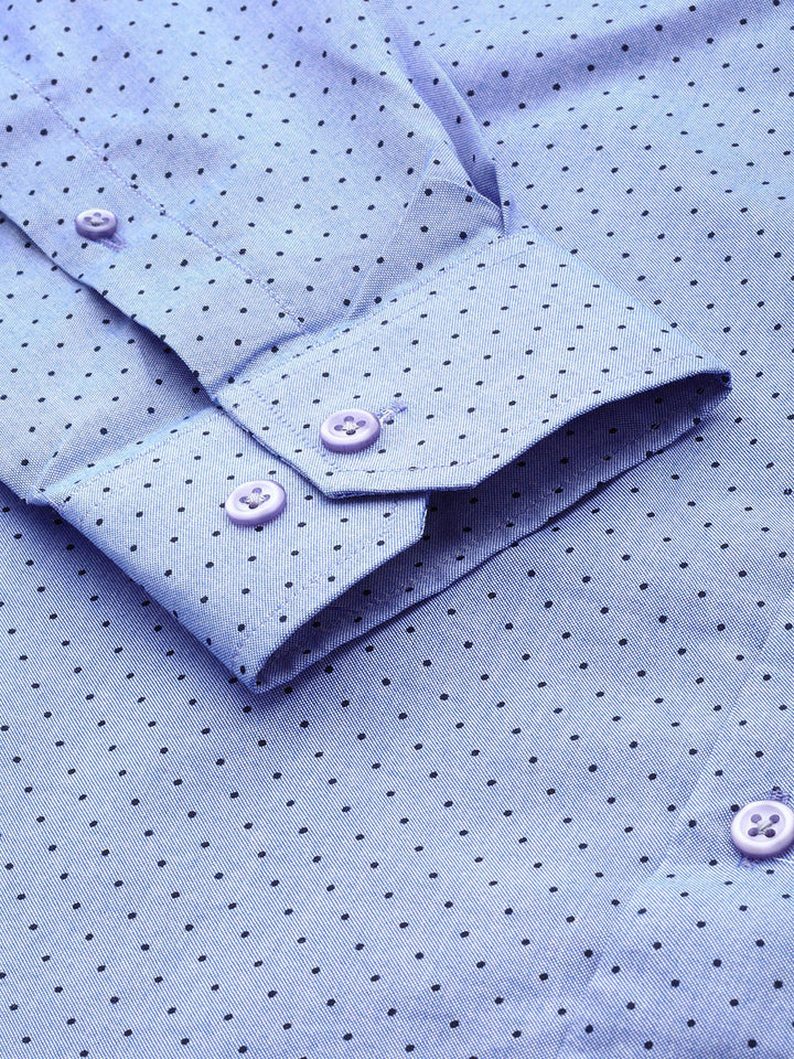 Men Blue Chambray Polka Micro Dot Print Cotton Rich Slim Fit Formal Shirt