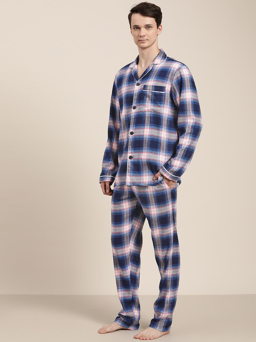 Men Blue Checks Pure Cotton Regular Fit Night Wear Night Suit