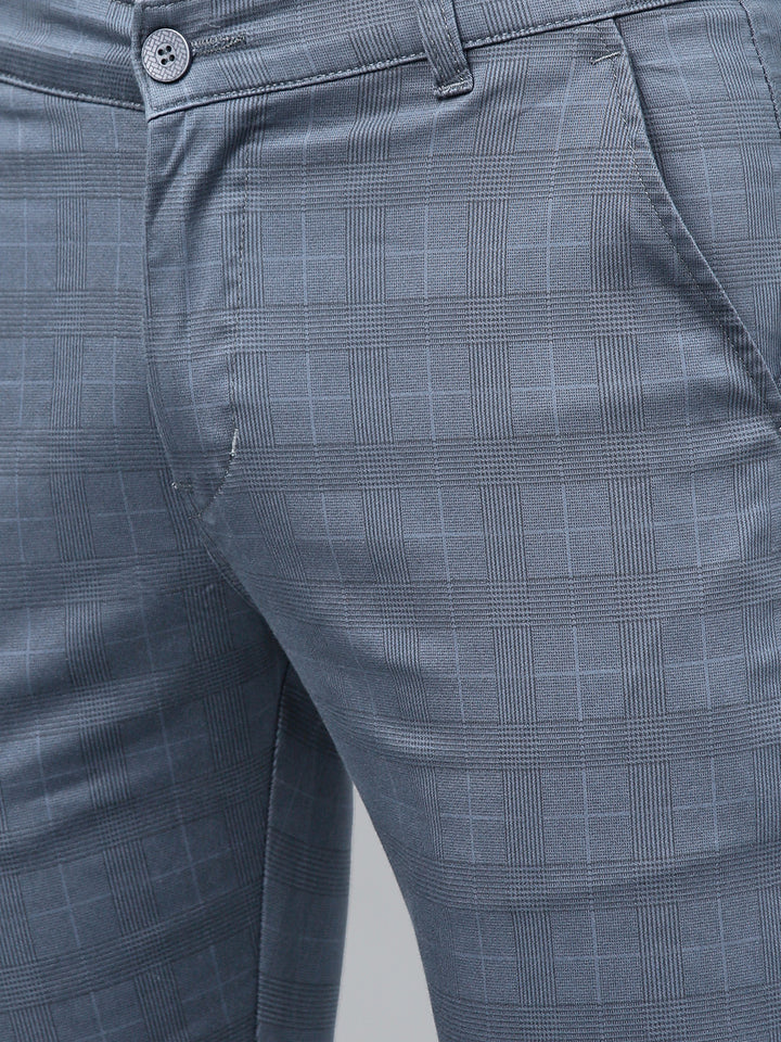 Men Blue Cotton Checked Slim Fit Casual Trouser