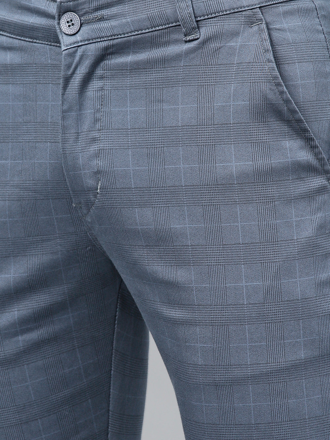 Men Blue Cotton Checked Slim Fit Casual Trouser