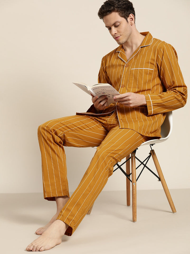 Men Mustard Stripes Pure Cotton Regular Fit Night Wear Night Suit
